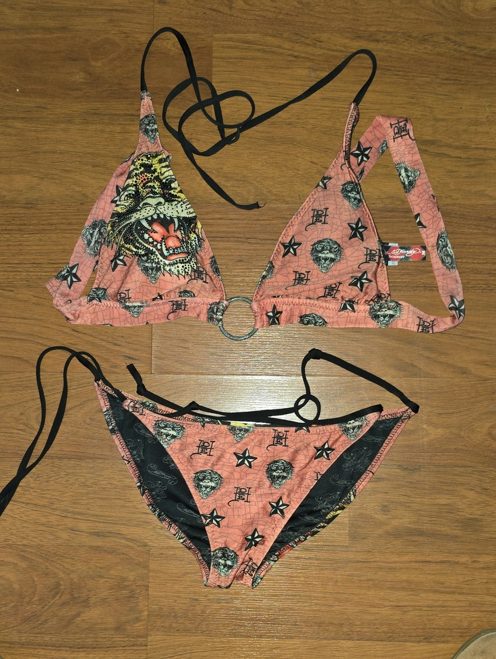 Ed Hardy Pink Graphic Triangle Bikini with Ring Accent